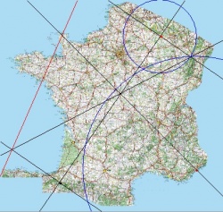 Ensemble des tracés à réaliser sur la carte de France (traits et cercles).