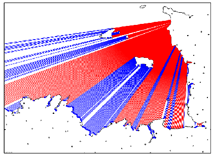 Carte et traits numériques des deux Aides de Neptune, depuis  (en haut à droite). En rouge : première aide ; en bleu : deuxième aide ; carré bleu : fin de la deuxième aide sur une côte (cliquer sur l'image pour zoomer - Airyn).